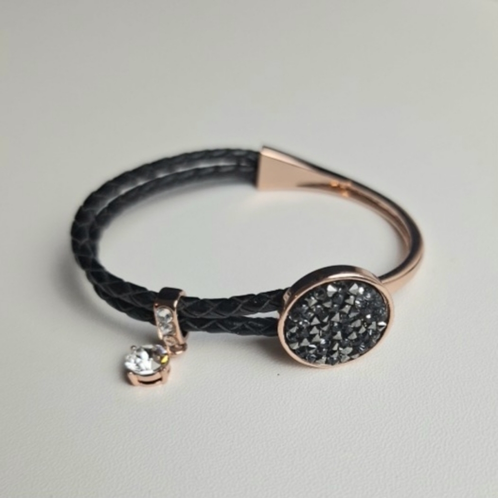 Rosegold Tone Druzy & Rhinestones Black Braded Leather Bracelet Approximate 6.5"